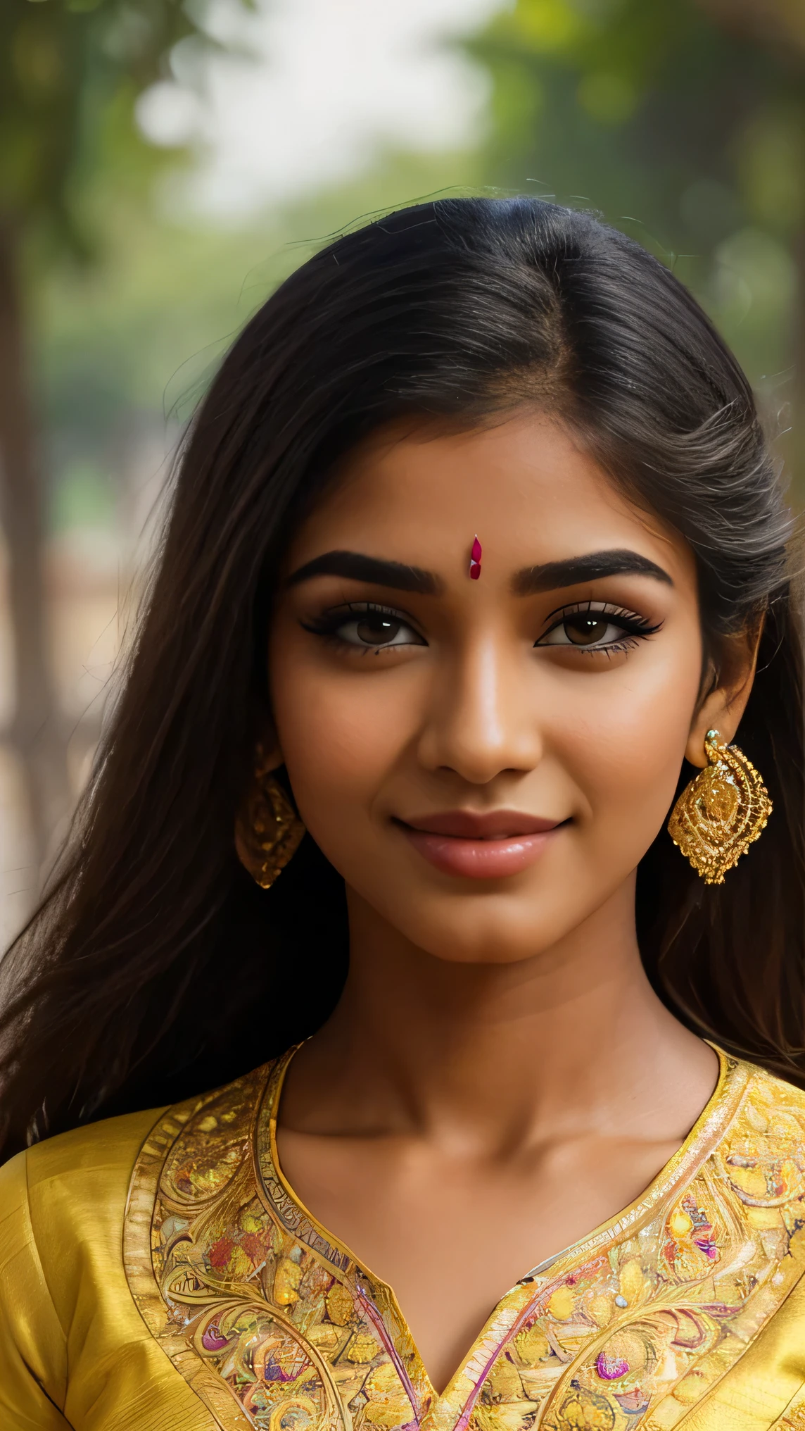 (high quality, masterpiece, HDR, 256K), (hyper-realistic, photorealism) 20 year old extremely beautiful Tamil girl, (intricate detailed extremely beautiful face, eyes, ears, nose, lips, textured skin), eyes symmetry, (bright smile). Head and shoulders facing front. Wearing yellow Salwar suit. Medium close up shot.