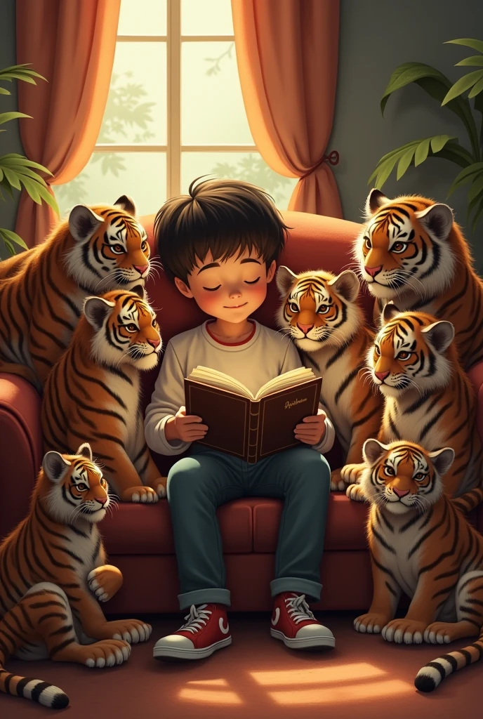 A boy is sitting on a sofa, his seven tigers are sitting, his book is a picture of a name named Arshman.
