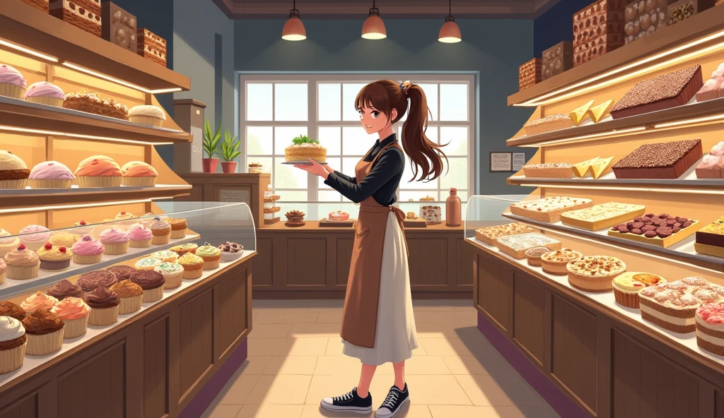 Large pastry shop with 8 shelves with cakes, cookies, sandwiches, cupcakes, pretty girl ponytail clear face without bangs brunette decorating cake, big eyes girl smile black blouse and brown apron honey colored eyes long white skirt black tennis shoes, 