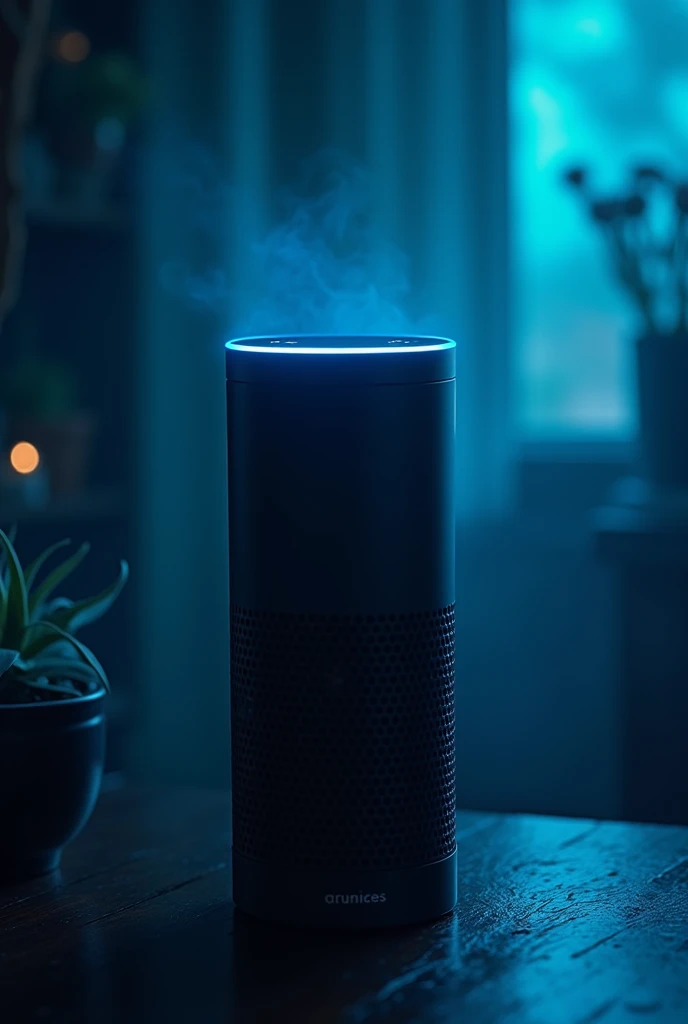 Generate a picture of the ai Amazon Speaker, Alexa. It has to have dark and blue lighting. It has to be so cool and unique  IT HAS TO BE EYE TAKING and very cool cool cool and Alexa Amazon and cute a lil more
