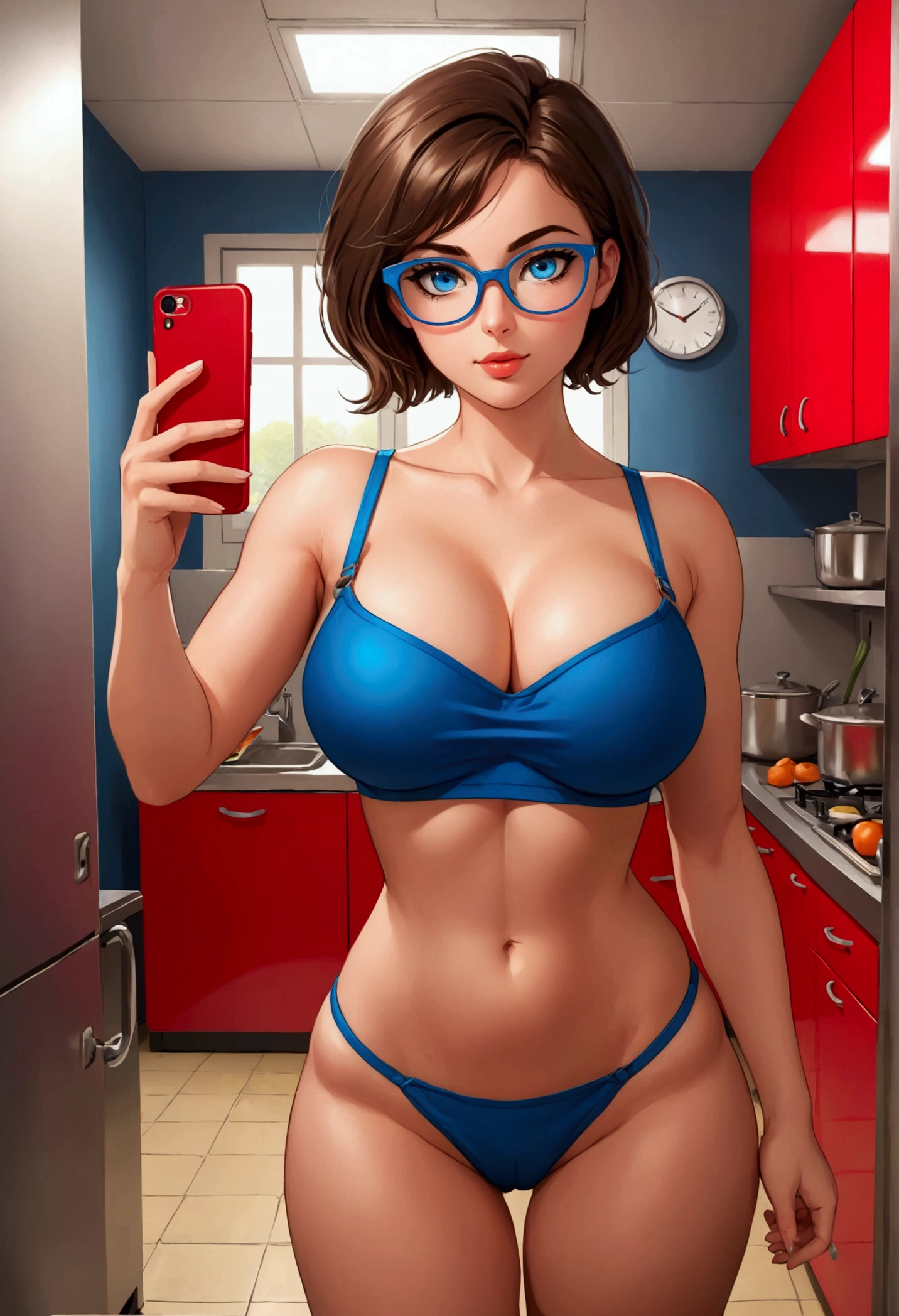 20 years old woman, Short brown hair, Méditerranéenne aux blue eye, Generous and heavy breasts, slender waist, estomac defini, fesses rebondies et pulpeuses, naturally curved, muscular thighs, aguicheuse, dans la cuisine , blue eye, lunettes, jean et soutien-gorge rouge , Selfie, locker room