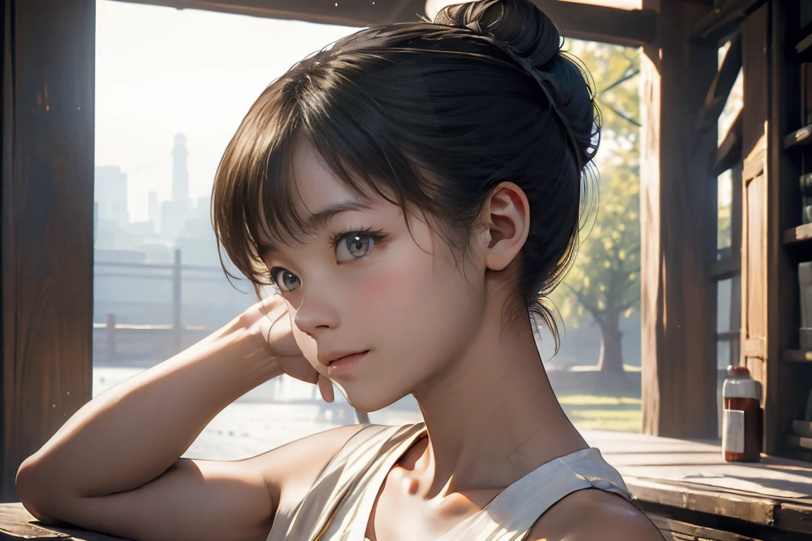 masterpiece, best quality, extremely detailed, (realistic, photo realistic:1.2), high resolution, RAW photo, 8k, Asian girl, 18yo, side bun,slender、Mid-chest、
