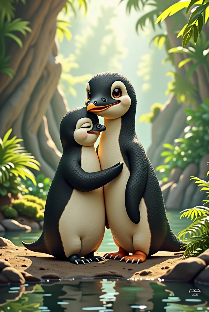 Penguin and dinosaur hug love