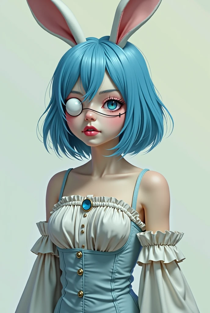 Fair-skinned, blue-haired girl,One person, Bunny ears, Chest girth, Eye patch,Crotch cane