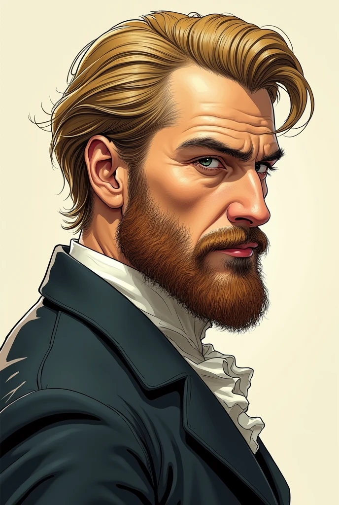 Man with well-defined face, beard and blond hair, drawn style, sideways face, looking sideways, less realistic, he is confident , He is from the 19th century Put his eye to the side his face too