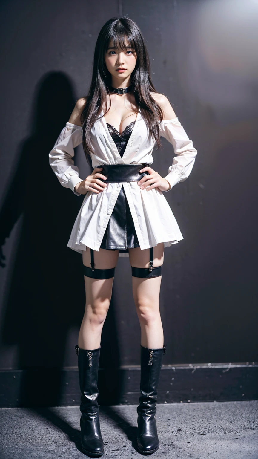 (8k、RAW Photos、Highest quality、masterpiece:1.2)、(Realistic、Realistic)、1 person、((black、Cleavage、handcuffs、leather、Medium Hair、garter belt、mini skirt、Thin legs、whole body、boots、View from the front、Looking into the camera、Dark basement、Stand with hands on hips))、cute