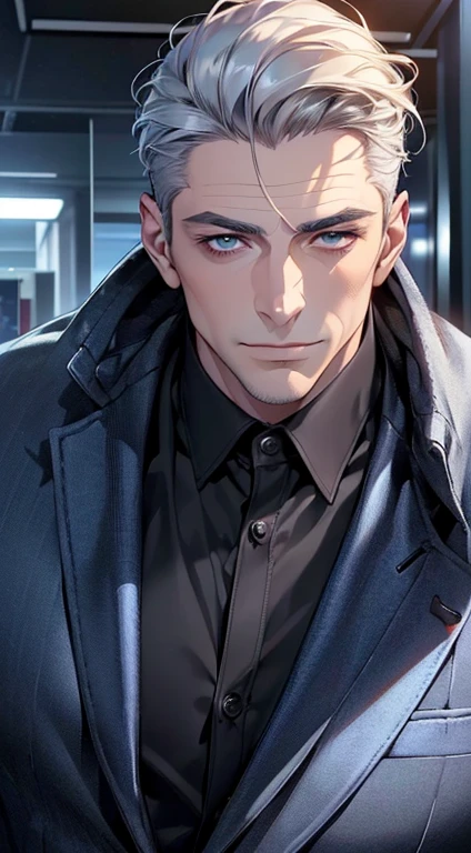 (best quality,4k,8k,highres,masterpiece:1.2),ultra-detailed,(realistic,photorealistic,photo-realistic:1.37),1 man,3,mature man,very handsome,without expression,smile,short blue back hair,blue eyes,penetrating gaze,perfect face without errors,imposing posture,businessman,office background,cinematic lighting,hdr image