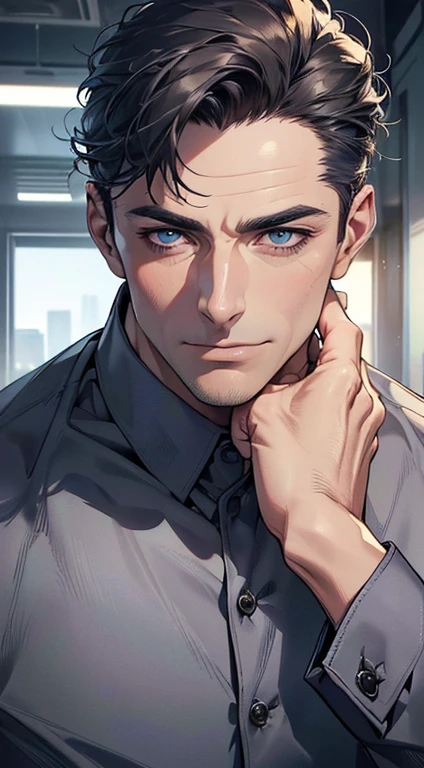 (best quality,4k,8k,highres,masterpiece:1.2),ultra-detailed,(realistic,photorealistic,photo-realistic:1.37),1 man,3,mature man,very handsome,without expression,smile,short blue back hair,blue eyes,penetrating gaze,perfect face without errors,imposing posture,businessman,office background,cinematic lighting,hdr image