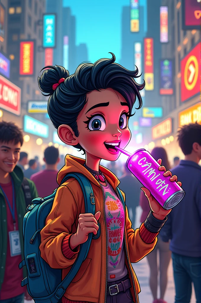 comic con animated student drinks energy drink