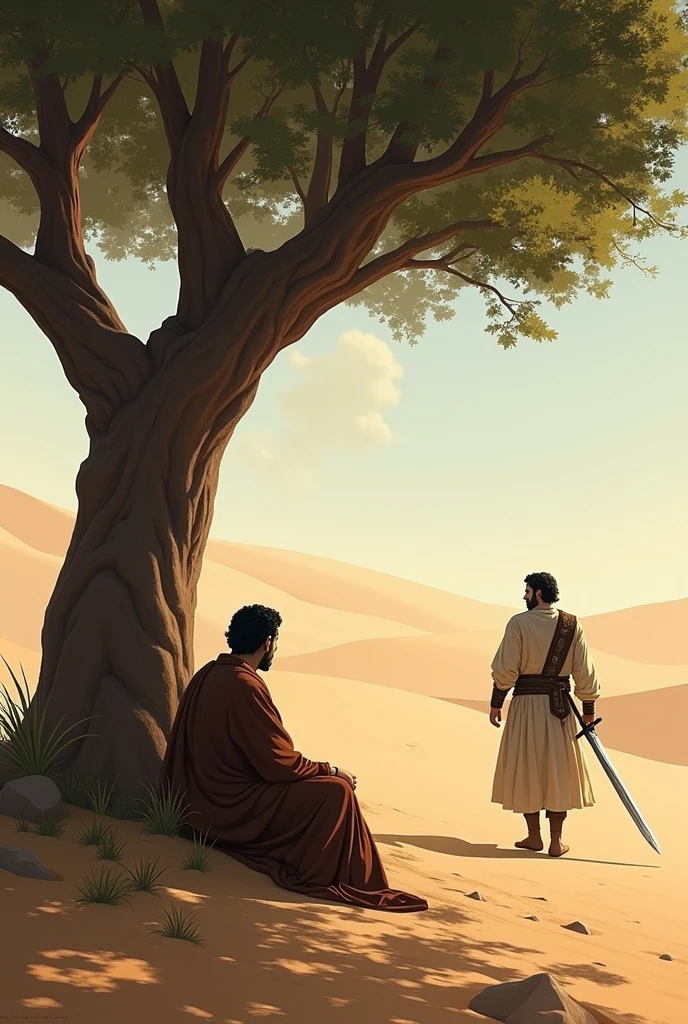 A man sits under a tree in the desert and another man with a sword asks him 