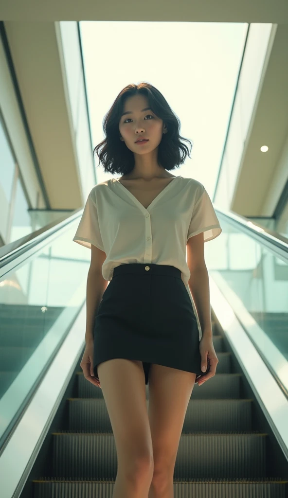 (masterpiece, best quality, 1girl, 4, japanese woman, semi-long black hair, wearing short sleeve blouse, mini skirt, riding an escalator, full body, natural light)
