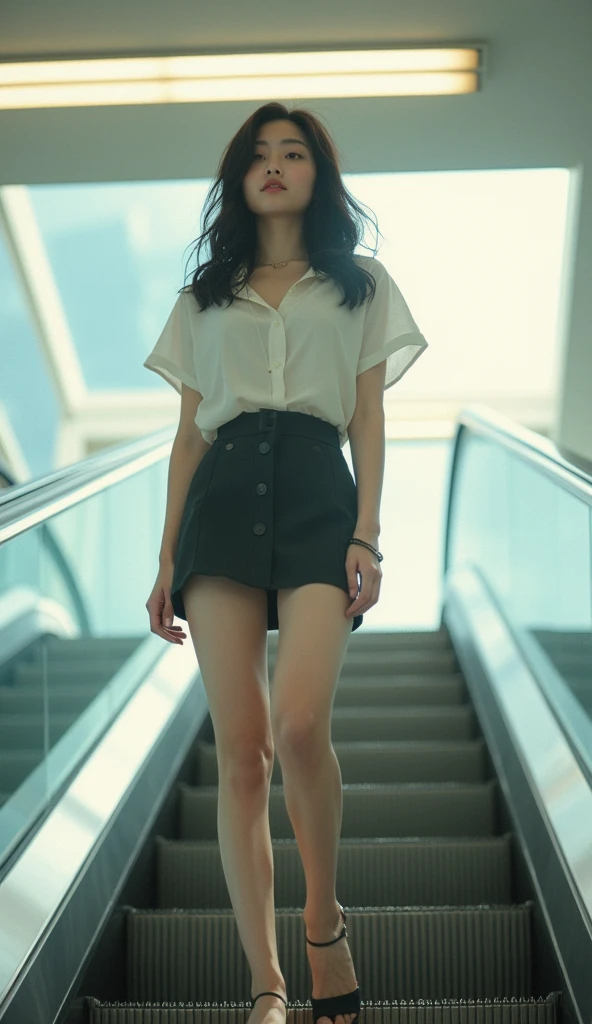 (masterpiece, best quality, 1girl, 4, japanese woman, semi-long black hair, wearing short sleeve blouse, mini skirt, riding an escalator, full body, natural light)
