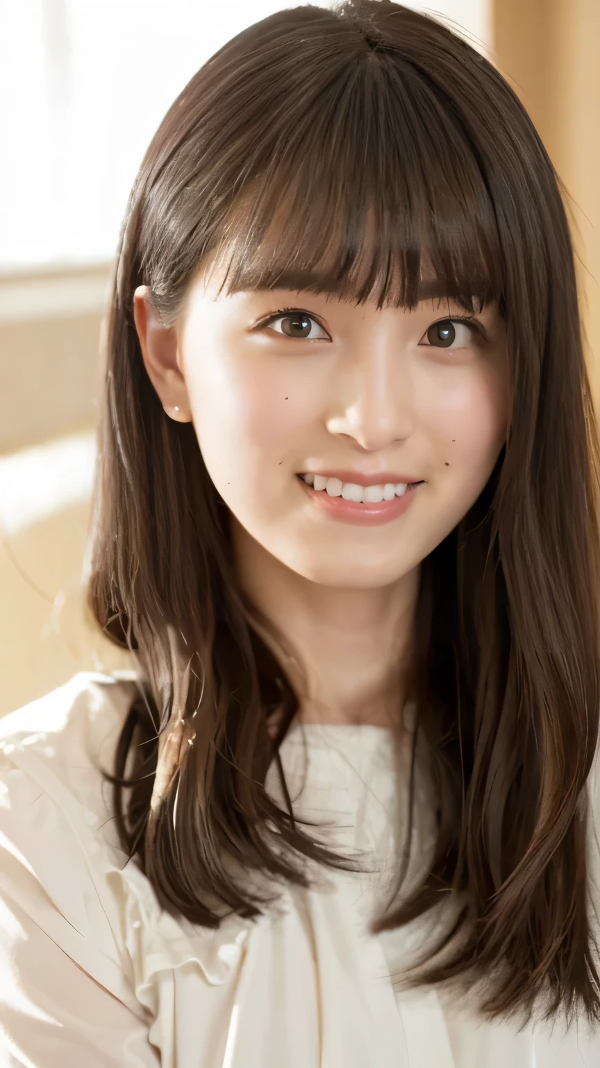 masterpiece, Highest quality, 8k,Ultra-high resolution、(((Close-up photo of the face)))、 cute, alone, Big smile、 cute, like, cute、delicate, Pure beauty,  RAW Photos, Professional photography, Soft Light, Professional Lighting, Backlight, Looking into the camera, Sophisticated, Film Grain, (Eye and facial details:1.0), Floating Hair、Messy Hair、Wavy long hair、,Asymmetrical bangs, Round face、Young Face、Translucent white skin