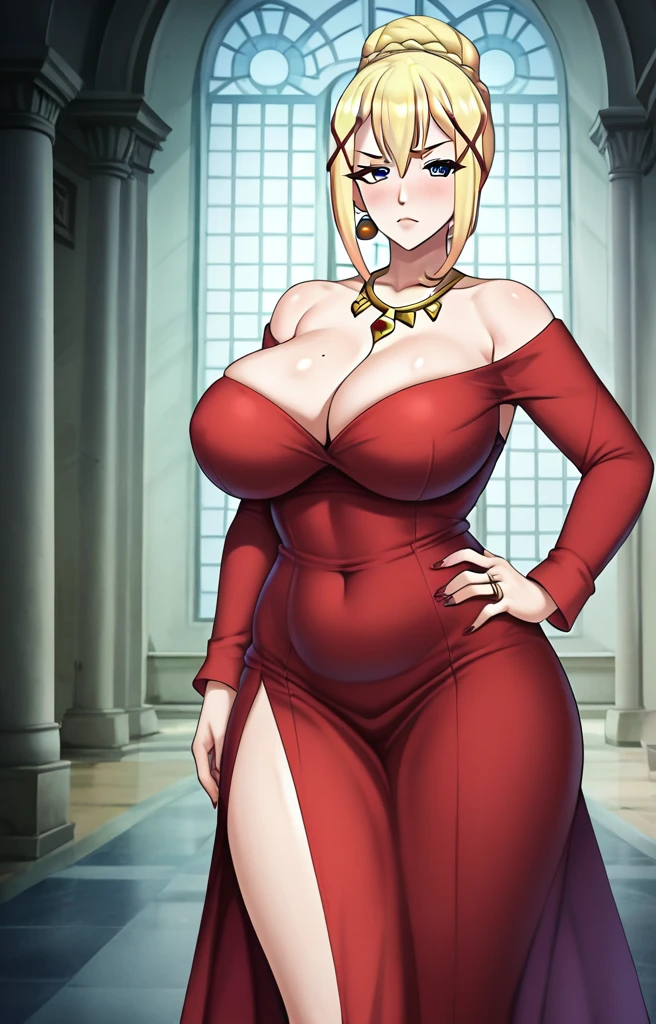 Darkness lalatina,konosuba,Big breast,Plump,Curvy figure,Golden bracelet,Half open eyes,((multi-strand necklace)),Big pearl earring,Mature,thin Classy dress,Cleavage,diamond Wedding ring,Enchanced breast,Cross hairpin,Corrupted noble,red color long nail,Queen anne cleavage,Blonde,Majestic mansion,1hand on hips,No bang hair,Noble rings,modern anime quality,Sleeve,Tight thights,Konosuba anime artstyle,Swaying hips,bun hair,light Eyeshadow,Colorless glossy Lipstic,flirty expression,Enchanched ass,Unnatural big breast,Detailed face