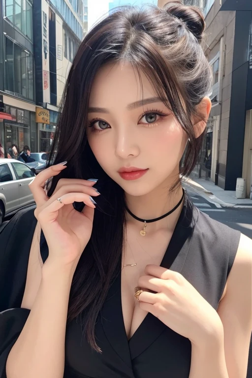 A 3 woman with large, round, yet slightly long eyes.。The long eyelashes and slight eyeliner look great too.。Height: about 170 cm、Bust 88cm, waist 56cm, narrow waist、My hair is down to my chest、Little wave。When tied up in a bun, it looks strangely sexy.。Her makeup also exudes a mature and seductive charm, giving the impression that she is good at communicating.。Her face is slim, but a bit gorilla-like, and red lips suit her well.。While having the strength to survive alone、She invites the man with her eyes looking up.、Sometimes I get pampered。Please create a character who has beautiful nails that rival any manicurist, but still has a bit of an amateurish country-bred vibe, but who uses accessories to create the image of a woman who has adapted to the city.