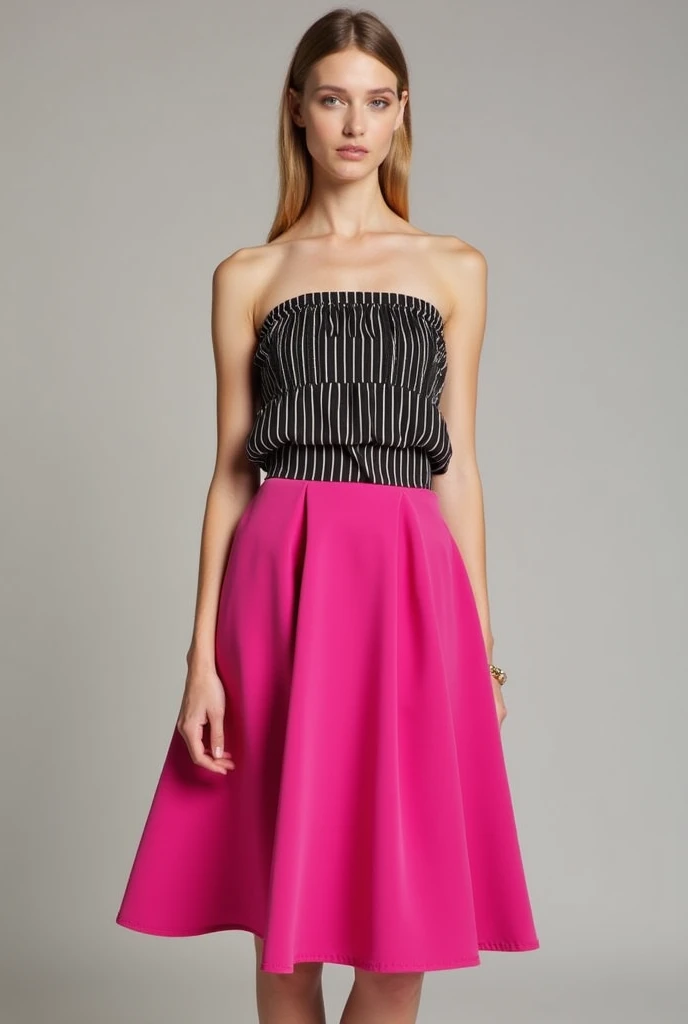 Strapless midi dress, the skirt of the dress is in a flared pink color and the blouse has black stripes