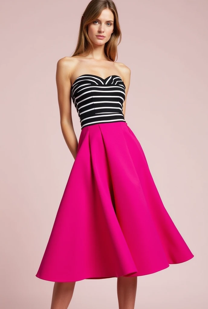Strapless midi dress, the skirt of the dress is in a flared pink color and the blouse has black stripes