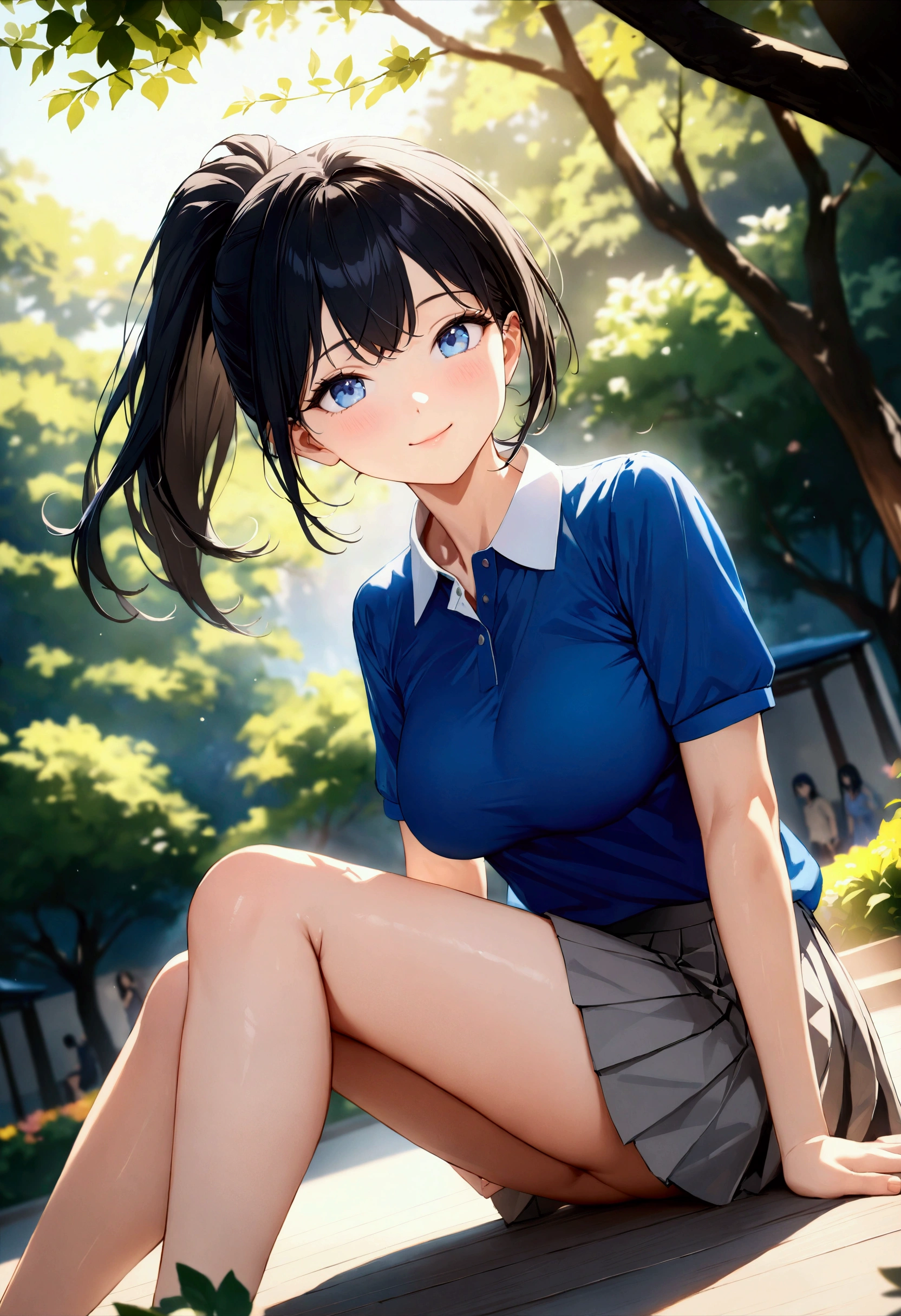 back park,look away,sneakers,(Masterpiece:1.5, Best Quality),blue polo shirt,light grey pleated skirt,Lower ponytail,Dutch Angle, {{black hair}} , Delicate and beautiful eyes,A light smile,(masterpiece, Highest quality:1.2), High res, Very detailed CG ユニティ 8k 壁紙, Perfect lighting, colorful, Ultra-high res,4K,Very detailed, Dynamic Posture,{{beautiful medium size breasts1:4}},{{beautiful blue eye1:4}},photorealistic 1;4, {{beautiful butt}}, cute girl, high quality background, 5 fingers
