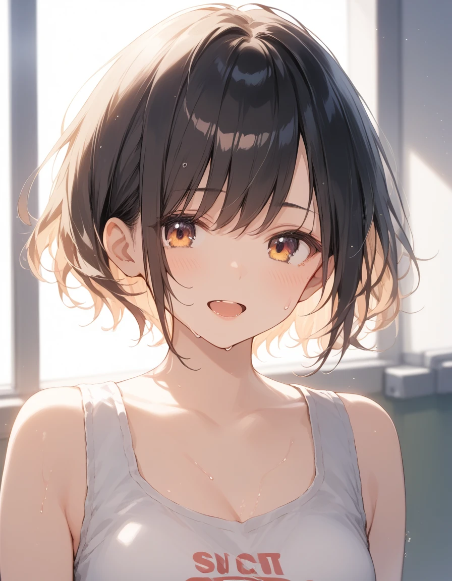 tmasterpiece, 1girl in, 独奏, glowing light eyes, tmasterpiece, top-quality, hentail realism, ultra - detailed, blue-sky, tennis coat, (Extremely delicate and beautiful work), ((masuter piece)), (Best quality), glamour body, One lady, 18yr old, , (taut), (Sexually aroused face:1.4), ( shoulder cut hair,(Fair skin:1.2), Bright lighting, Natural lighting, Realistic lighting, lovely lips、delicated face、(hentail realism、Photo_Realistic:1.4)、((top-quality、tmasterpiece:1.3))、18yr old、((Brown hair))、((lewd poses))、((Functional))、((soaked breasts))、(((Soaked body)))、(((soaked pubic hair)))、A smile full of happiness、Poses that fascinate men、seduct smile、Upper body naked、((()))、(((Sex life)))、(((Expressions in a state of excitement)))、(((lack)))、short-hair、((((toppless))))、