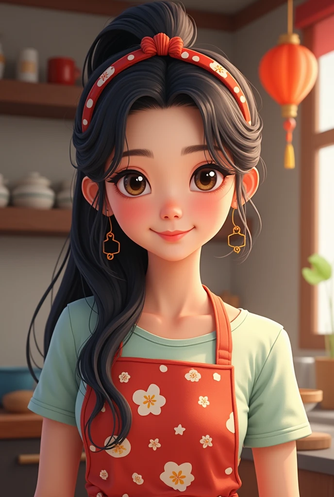  Beautiful Chinese girl Long hair tied up, with a stylish hairband.
- **Eyes:** Large, expressive eyes that convey warmth and enthusiasm.
- **Outfit:** Wearing a colorful apron over a casual top, ready to cook.