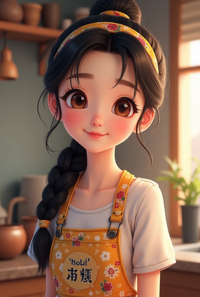  Beautiful Chinese girl Long hair tied up, with a stylish hairband.
- **Eyes:** Large, expressive eyes that convey warmth and enthusiasm.
- **Outfit:** Wearing a colorful apron over a casual top, ready to cook.