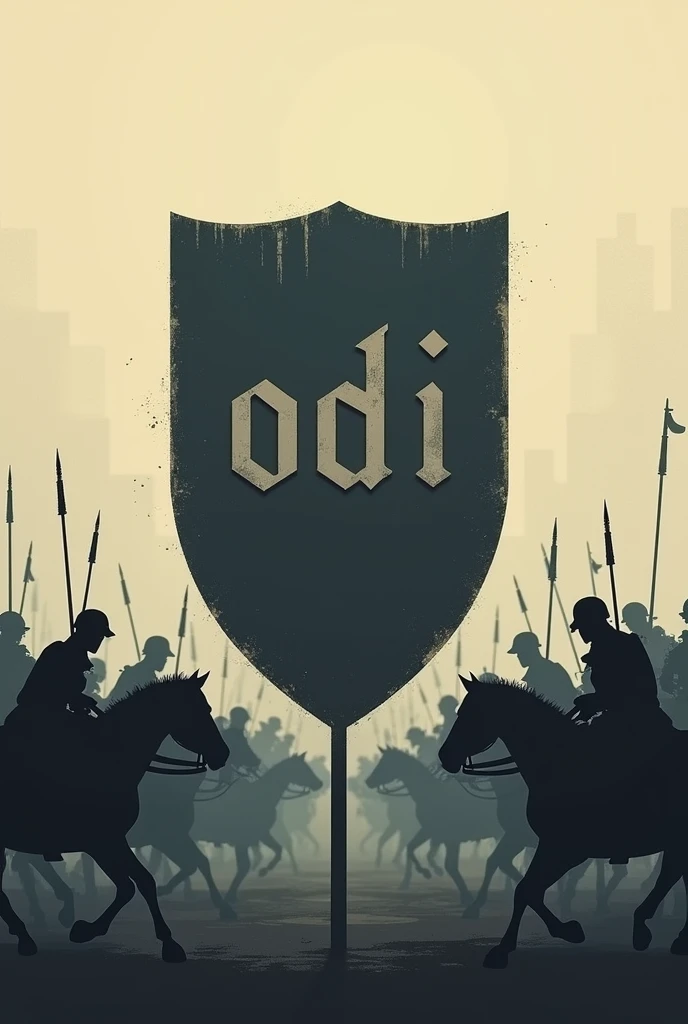 Minimalist shield with the word ODI in depressing tones, that includes a battle between 2 armies with horses, set in the year 1900 