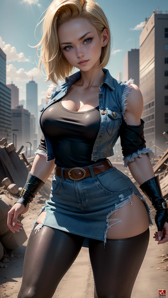 Android 18 da Dragon Ball Z,(best qualityer,4K,8k,high resolution,work of art:1.2)(weather: windy),city ruins background, black shirt, striped sleeves, denim vest, denim skirt, pantyhose, brown boots, belt,short hair,ultra detailed,realisitic,portraite,beautiful detailed blue eyes,beautiful detailed lips,extremely detailed eye and face, long eyelashes,sexly,average,large breasts,beaming smile,powerful girl in a battle,sexy pose,dirty clothes,stunning curves,bright coloured,dramatic lighting,