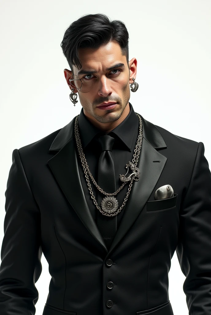 (masterpiece,bestquality,ultra_Detailed,highres,Absurd),1 male, 30-ish, (Wide shoulders), (muscular), male focus, bara, Black Hair, chains, shirt, Black tie, necktie, simple background, grey eyes, Upper body, vest, Short Hair Hair, looking at the audience, parted lips, collared shirt, long sleeve, black shirt, White background, Black vest, monocle, jewelry.