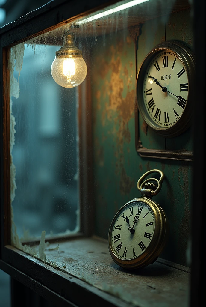 The facade of an old pawn shop, with a dusty display case where an antique pocket watch stands out. The clock reads exactly 11:59 p.m., and the scene is shrouded in a dim, ghostly light.