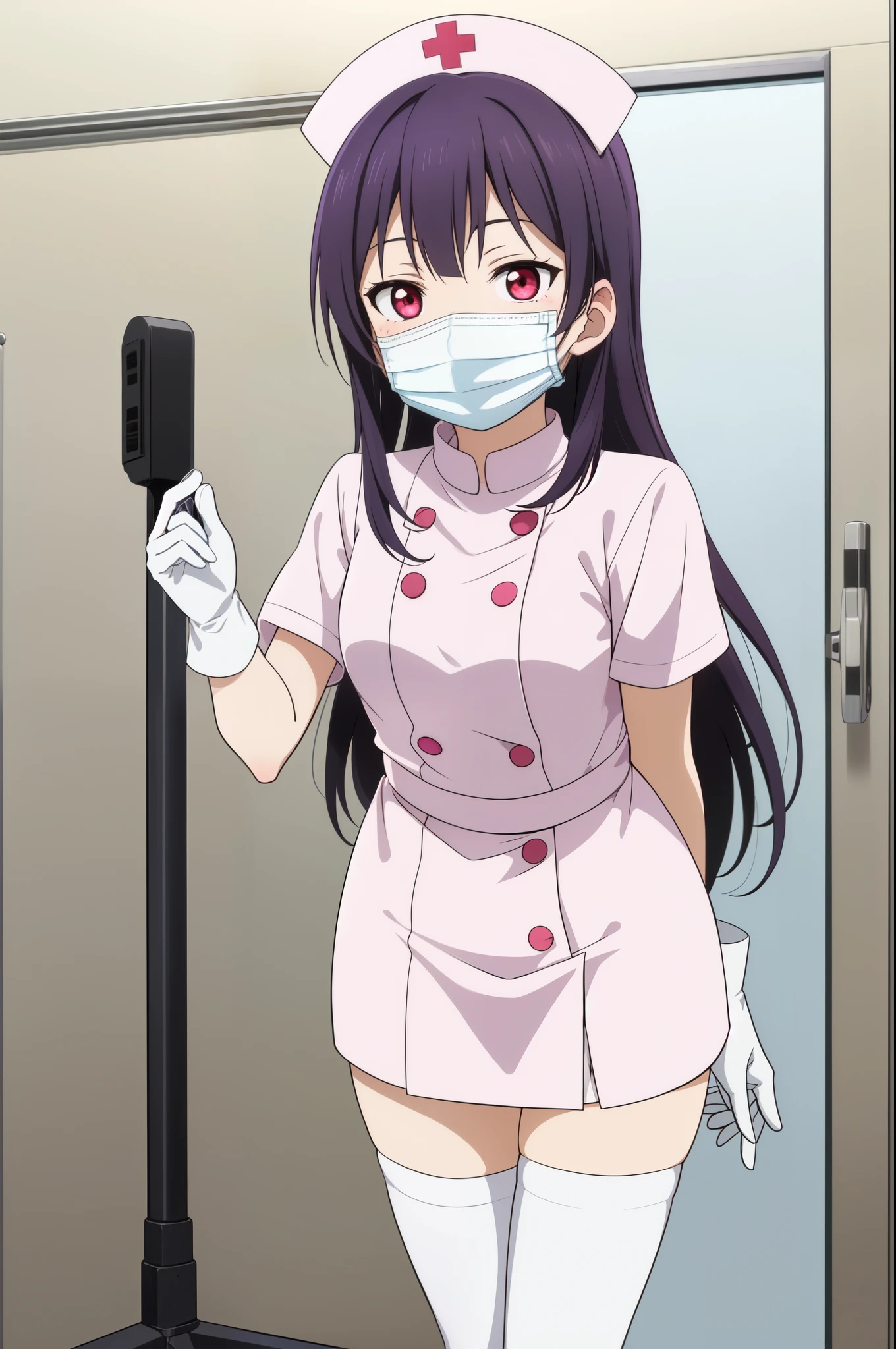 1 female, alone, nurse, nurse cap, white clothes, ((white legwear, zettai ryouiki)), white gloves, long hair, purple hair, red eyes, ((white surgical mask, covered nose)), Are standing, ((hospital room)), sharp outline, short sleeve, mature woman, 35 years old, highest quality, masterpiece