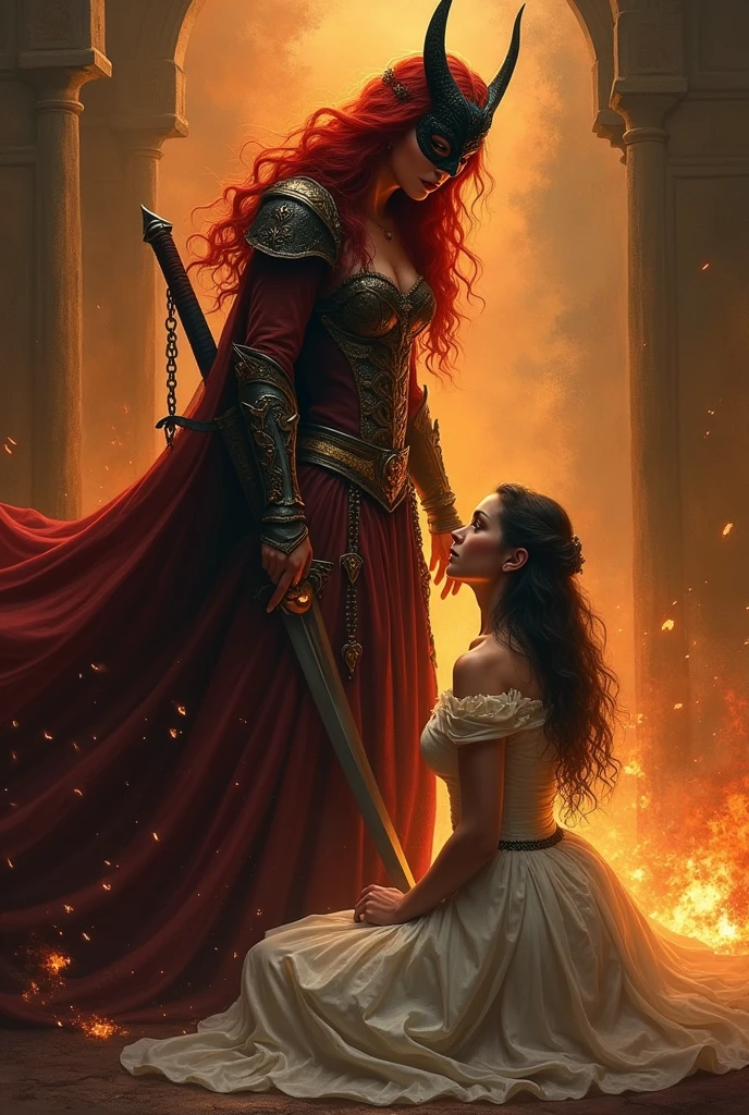 In the fiery atmosphere, a red-haired, masked princess who hides a sword behind her and throws angry looks like fire, and a very, very handsome princess kneels in front of her, begging and looking into the princess's eyes with timid eyes.