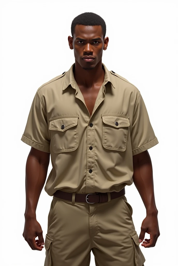Create a hyper-realistic illustration of a young man, skin black, jaw and marked features, eyes browns, and short hair, well combed back and black color, safari outfit, white background, afraid