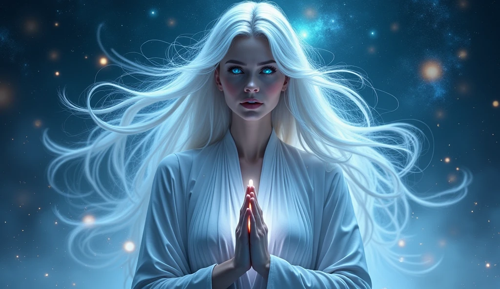 "A highly detailed and ethereal image focusing closely on a woman facing directly forward, with her face and upper body prominently displayed. The woman has a captivating and confident expression, with a sharp and determined posture. She is dressed in flowing, mystical clothing with a color scheme of white, light blue, and black that enhances her spiritual and enchanting presence. The woman is posed in a spiritual posture, with her hands together in a prayer pose or with her arms raised upward, connecting with the cosmos. Her hair flows gracefully, blending into the cosmic background, which emphasizes shades of white, light blue, and black. Her eyes are glowing with a bright, radiant light blue, giving her a mystical and otherworldly appearance. The background includes stars, nebulae, and cosmic elements in these colors, creating a spiritual and peaceful atmosphere that surrounds her."