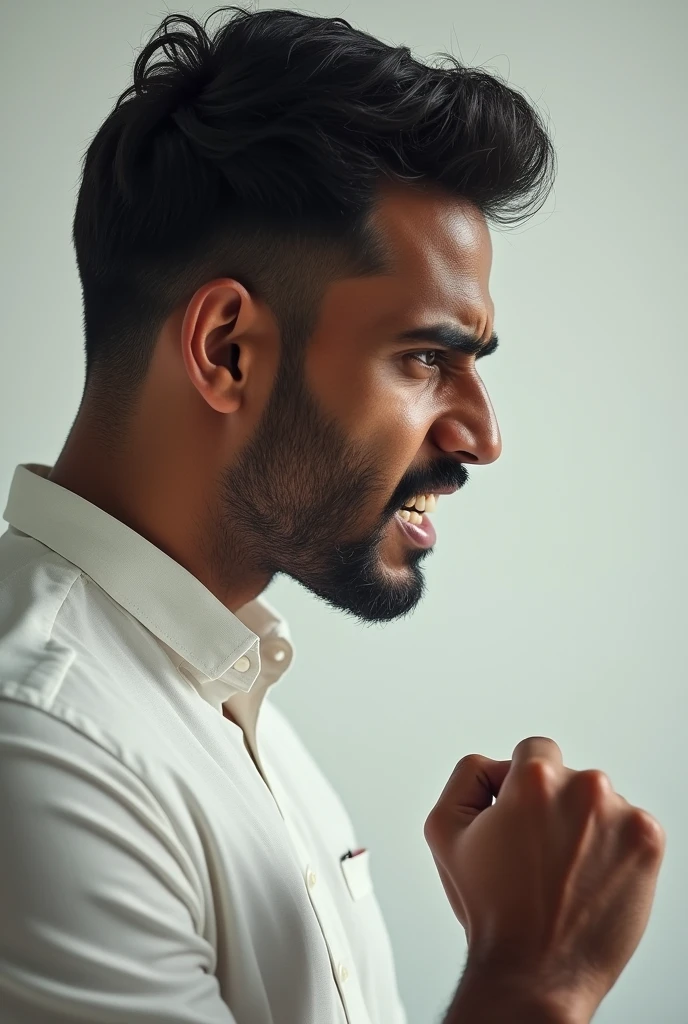 Angry young indian man side view with white shirt upper body only with light beard with fist on chest