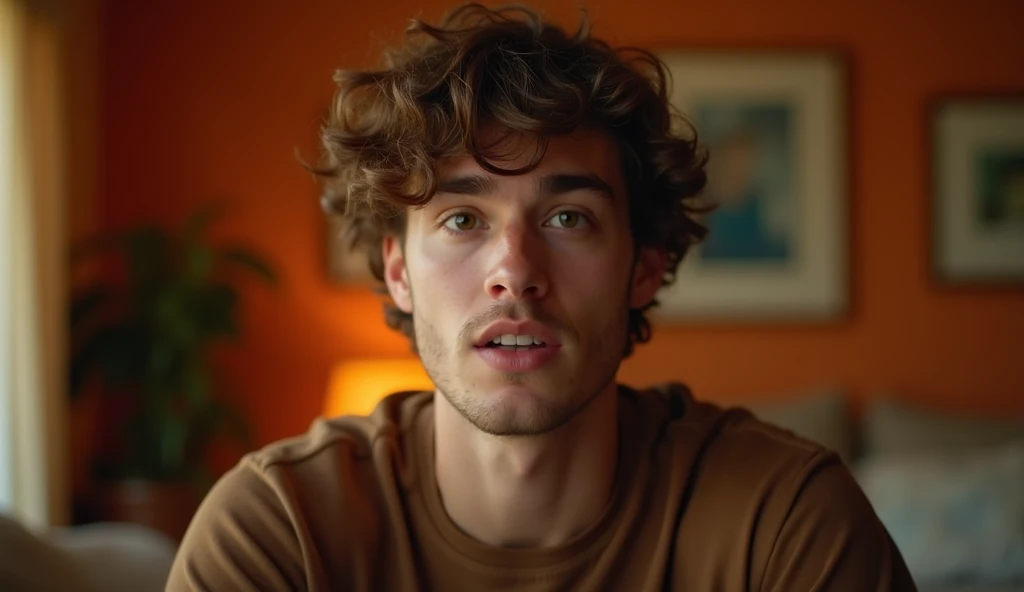 A highly realistic, high-contrast, 8K HD, detailed, hyper-detailed image of a young man from the previous image, shown from the waist up, speaking directly to the camera. The scene is set in the same cozy, American-style room with warm, orange lighting. The man's face is clearly visible, with a neutral expression as he engages in conversation. His curly brown hair and brown t-shirt are distinct and consistent with the previous image. The background remains simple, with soft shadows to keep the focus on the man as he speaks, creating an intimate and direct connection with the viewer.