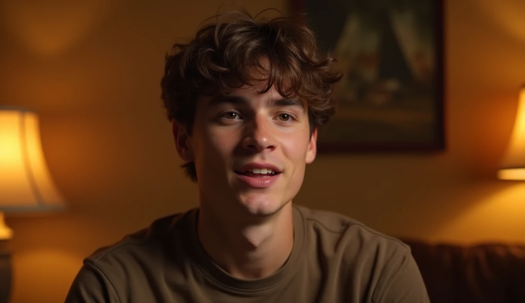 A highly realistic, high-contrast, 8K HD, detailed, hyper-detailed image of a young man from the previous image, shown from the waist up, speaking directly to the camera. The scene is set in the same cozy, American-style room with warm, orange lighting. The man's face is clearly visible, with a neutral expression as he engages in conversation. His curly brown hair and brown t-shirt are distinct and consistent with the previous image. The background remains simple, with soft shadows to keep the focus on the man as he speaks, creating an intimate and direct connection with the viewer.