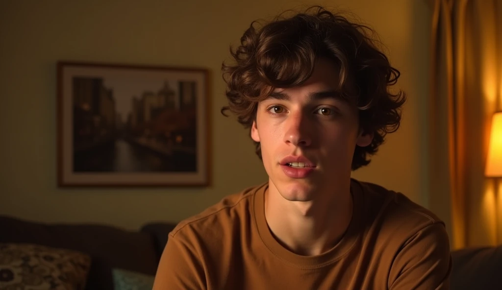 A highly realistic, high-contrast, 8K HD, detailed, hyper-detailed image of a young man from the previous image, shown from the waist up, speaking directly to the camera. The scene is set in the same cozy, American-style room with warm, orange lighting. The man's face is clearly visible, with a neutral expression as he engages in conversation. His curly brown hair and brown t-shirt are distinct and consistent with the previous image. The background remains simple, with soft shadows to keep the focus on the man as he speaks, creating an intimate and direct connection with the viewer.