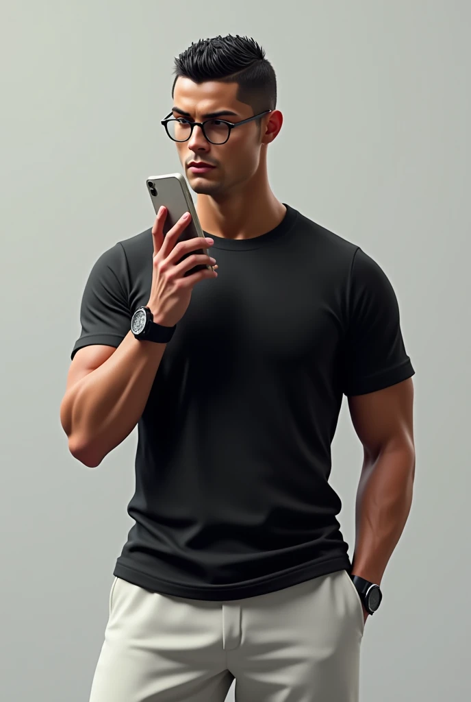 This picture is of a Cristiano Ronaldo standing. realistic He is wearing a black T-shirt, white pants and a black watch on his left wrist. Her short black hair is neat, slicked back and she wears glasses. The man is holding a smartphone in his right hand and has a serious expression on his face. The photo appears to be a digital rendering of a man using a phone.