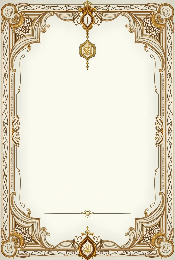 "Design a Nikah Nama (Islamic marriage certificate) template with intricate and elegant designs framing the edges. The four sides should feature traditional Islamic art, including geometric patterns, arabesques, and floral motifs. The design should be detailed and ornate, with gold accents to add a touch of luxury. The center of the template should be left blank, providing ample space for handwritten or printed text, ensuring it remains the focal point. The border designs should flow harmoniously, creating a balanced and aesthetically pleasing frame around the empty center."