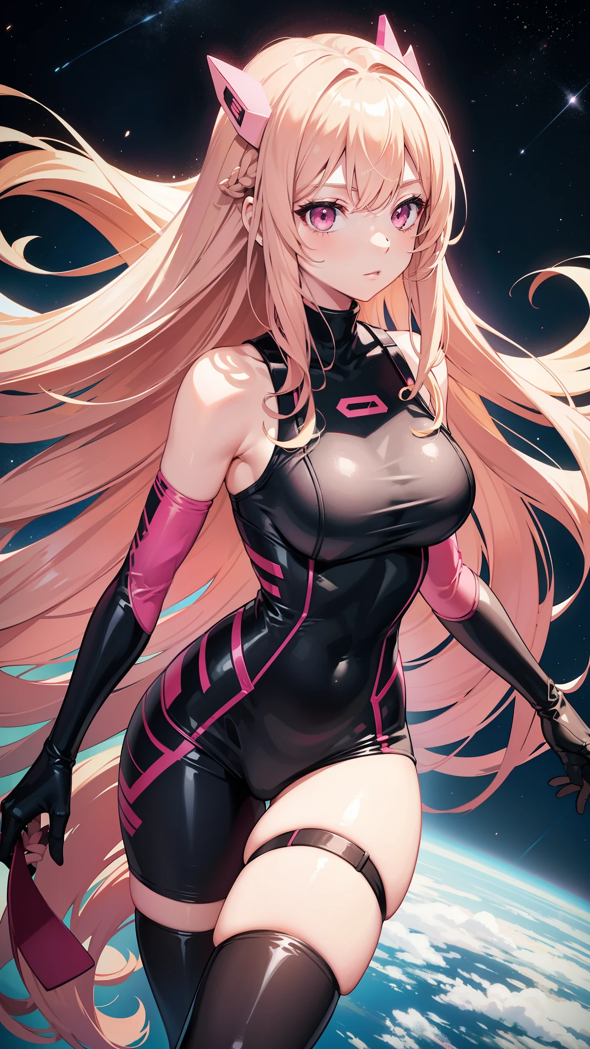 One adult woman, pink eyes, long blonde hair, space, black-pink plug suit