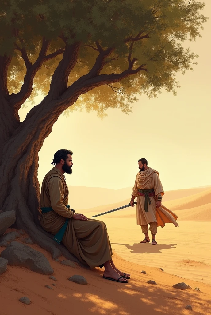 A man sits under a tree in the desert and another man with a sword asks him