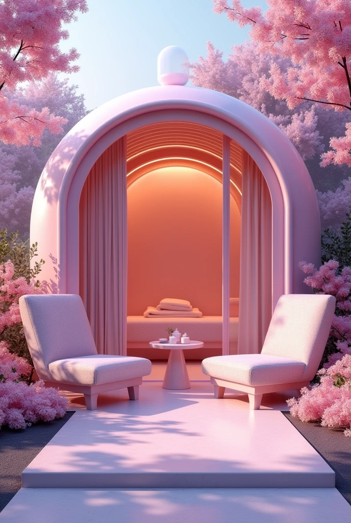 Pink and purple spa booth with chairs outside