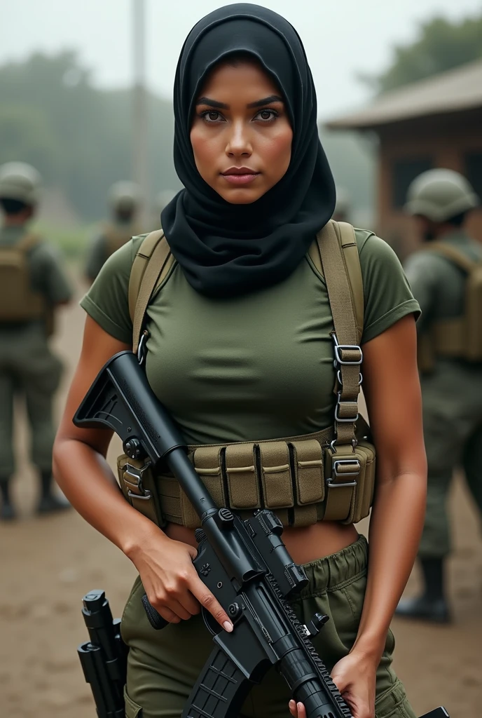 make a photo of a sexy female muslim soldier wearing a tight army color t-shirt and army pants pointing a gun forward
