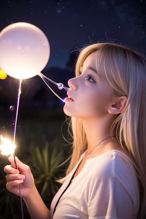 Blowing bubbles under the stars、With light blonde hair and purple eyes,Cute girl