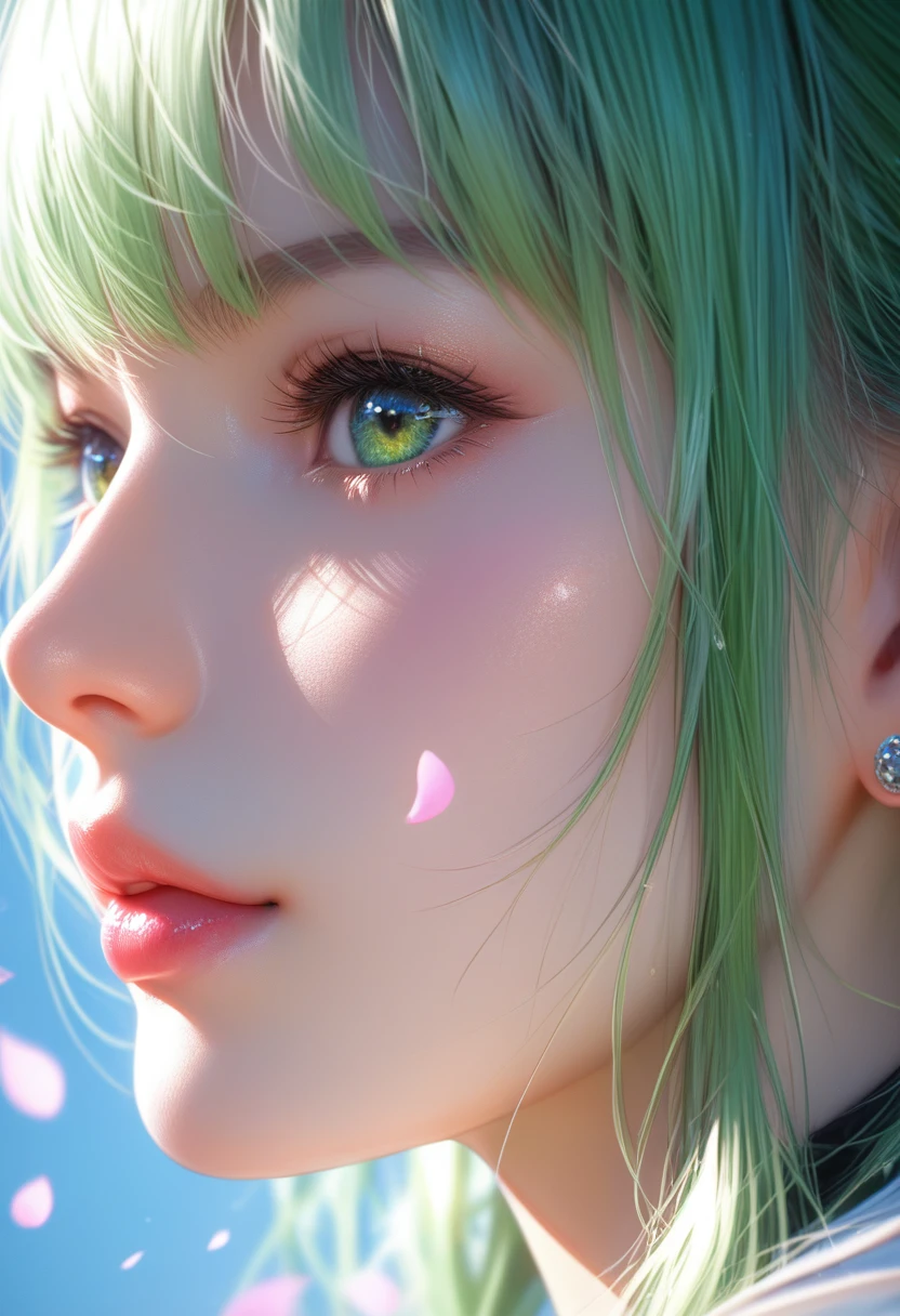 score_9, score_8_superior, score_7_superior, Profile picture, Long, bright green hair with bangs, Light blue petals on my cheeks, Realistic skin texture, Detailed Images, close-superior, 32k resolution
