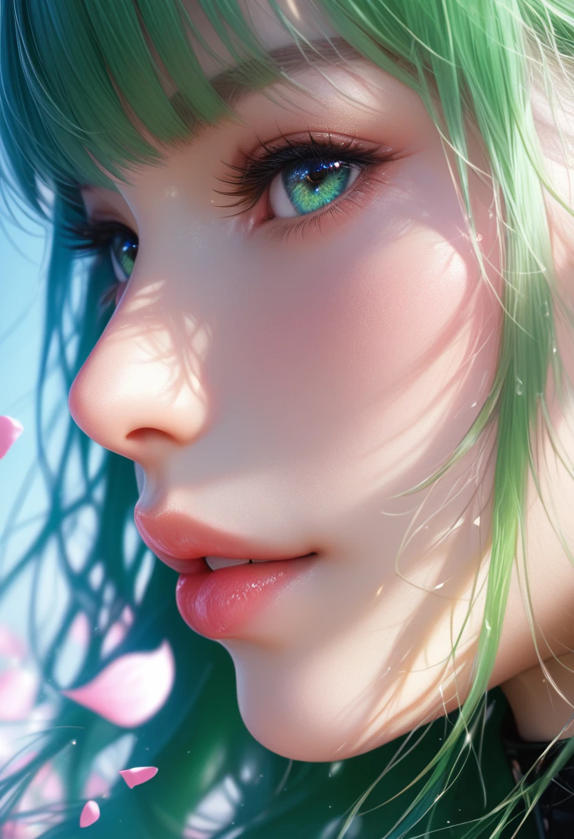 score_9, score_8_superior, score_7_superior, Profile picture, Long, bright green hair with bangs, Light blue petals on my cheeks, Realistic skin texture, Detailed Images, close-superior, 32k resolution
