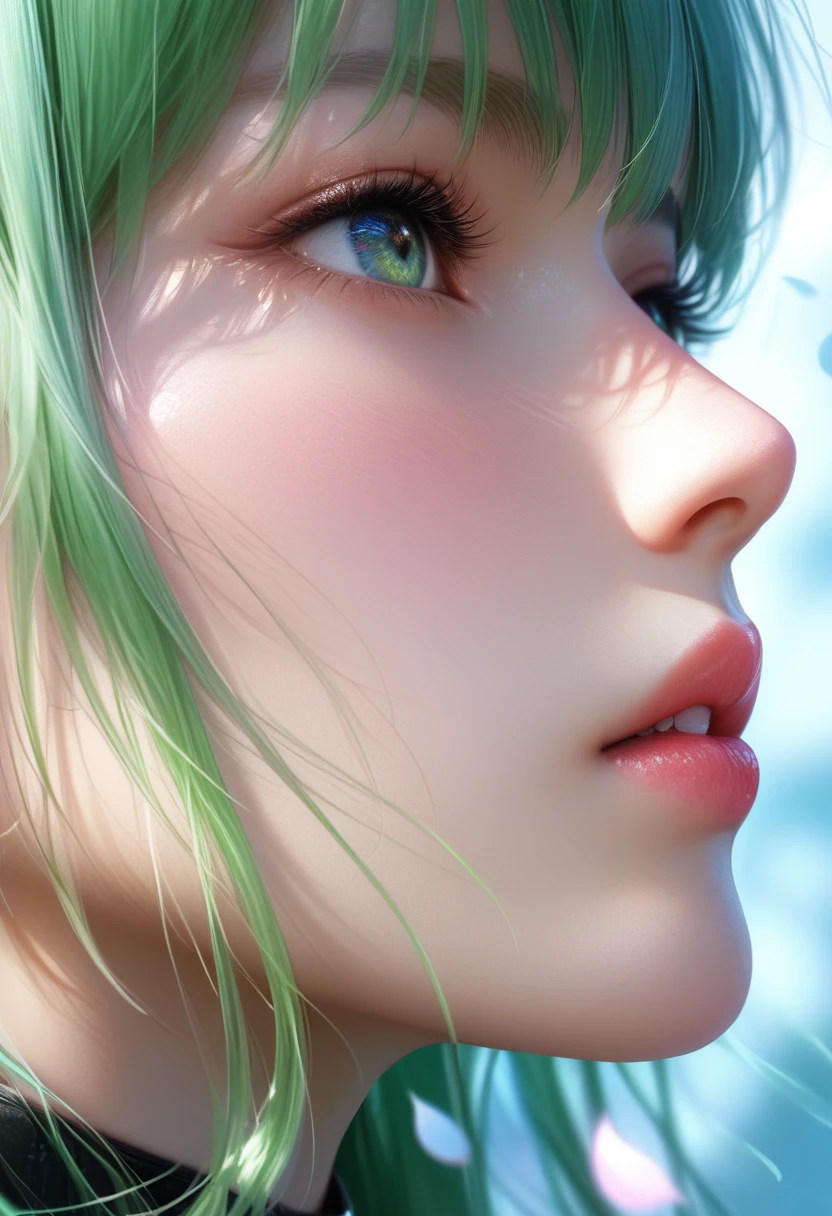 score_9, score_8_superior, score_7_superior, Profile picture, Long, bright green hair with bangs, Light blue petals on my cheeks, Realistic skin texture, Detailed Images, close-superior, 32k resolution