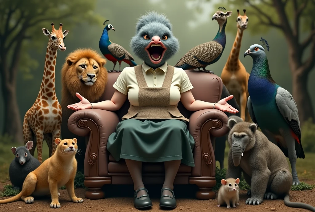 ((Highest quality)), ((Surrounded by animals)), (photograph), (front), (Short sleeve:2), (Crossing one's limbs), (knee-length black skirt:1.2), 大きく口を開いているグレーの女性のハトがオフホワイトで襟付きの半そでシャツに薄茶色のベストを着てknee-length black skirtに濃い緑の靴下と黒の靴を履いて、He is sitting cross-legged in a plush chair with his arms outstretched, Lion, giraffe, mouse, Peacock, Parrot, Peacock, The monkeys and elephants in the group are arranged with purpose and intent., Muscular grey female pigeon、photographのようなリアルな画像。