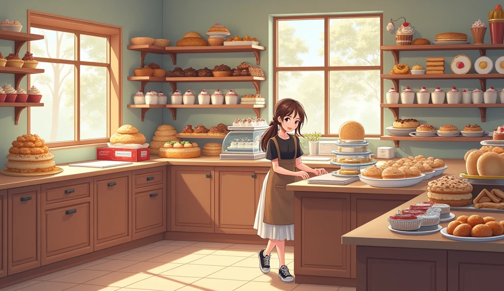 Large pastry shop with 8 shelves with work table for pastries, cookies, sandwiches, cupcakes, pretty girl ponytail clear forehead face without bangs brown hair decorating cake, big eyes girl smile black blouse and brown apron honey colored eyes long white skirt black tennis shoes,