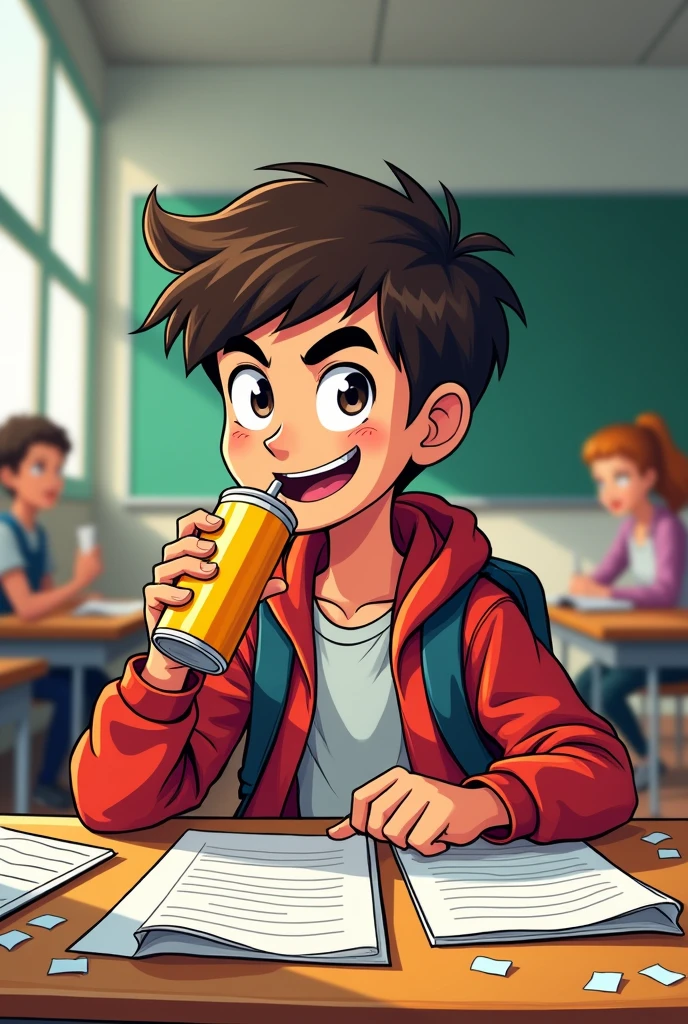 comic strip animated student drinks energy drink